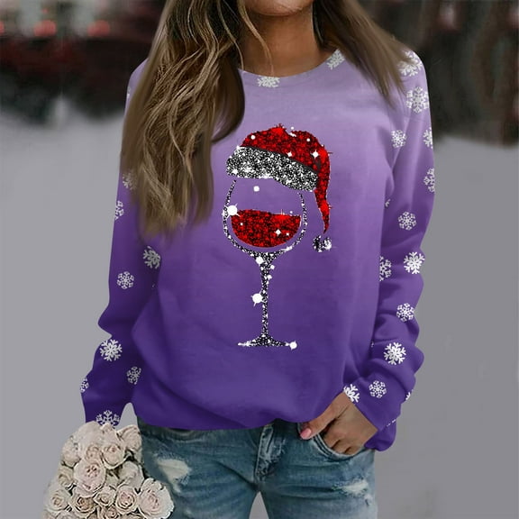 Women's Christmas Printed Round Neck Sweatshirt, Long Sleeve Casual Pullover Top, Raglan Sleeve Holiday Graphic Fall Winter Clothes,Purple,S