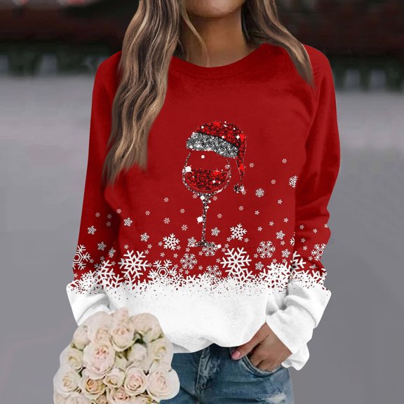 Women's Christmas Printed Round Neck Sweatshirt, Long Sleeve Casual Pullover Top, Raglan Sleeve Holiday Graphic Fall Winter Clothes,Red,3XL