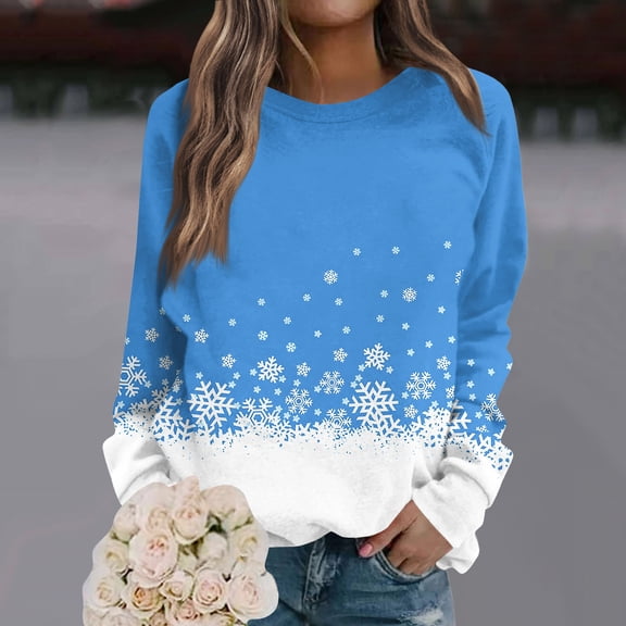 Women's Christmas Printed Round Neck Sweatshirt, Long Sleeve Casual Pullover Top, Raglan Sleeve Holiday Graphic Fall Winter Clothes,Royal Blue,S