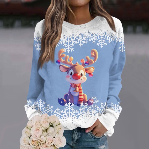 Women's Christmas Printed Round Neck Sweatshirt, Long Sleeve Casual Pullover Top, Raglan Sleeve Holiday Graphic Fall Winter Clothes,Sky Blue,XL