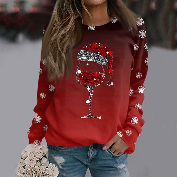 Women's Christmas Printed Round Neck Sweatshirt, Long Sleeve Casual Pullover Top, Raglan Sleeve Holiday Graphic Fall Winter Clothes,Wine,XL