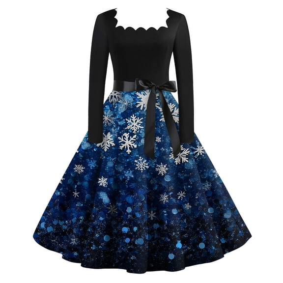 Women's Christmas Printed Square Collar Large Hem Audrey Dress Long Sleeve Dress with Christmas Tree Pattern, Flare Skirt, Retro Style for Party, Casual, Holiday,Royal Blue,S