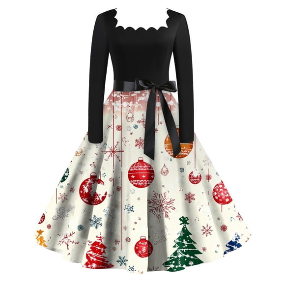 Women's Christmas Printed Square Collar Large Hem Audrey Dress Long Sleeve Dress with Christmas Tree Pattern, Flare Skirt, Retro Style for Party, Casual, Holiday,White,S
