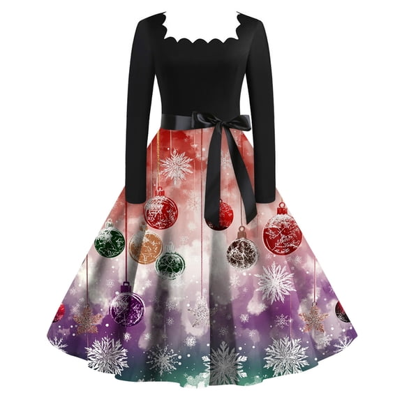 Women's Christmas Printed Square Collar Large Hem Audrey Dress Long Sleeve Dress with Christmas Tree Pattern, Flare Skirt, Retro Style for Party, Casual, Holiday,Purple Pink,3XL