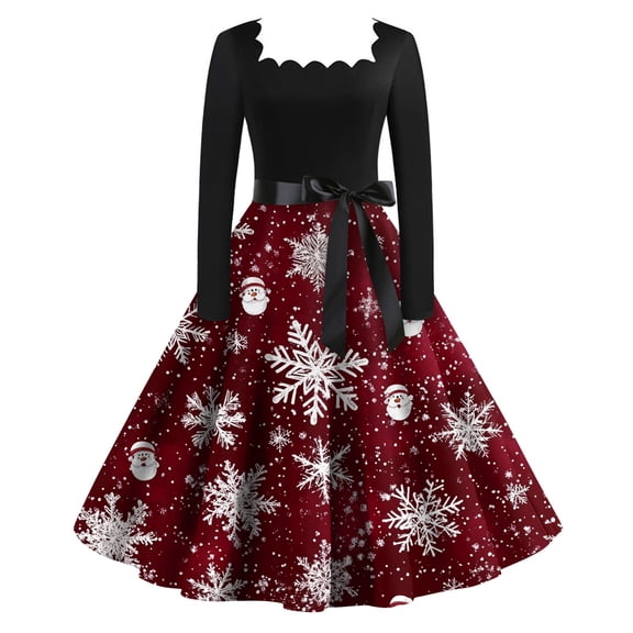 Women's Christmas Printed Square Collar Large Hem Audrey Dress Long Sleeve Dress with Christmas Tree Pattern, Flare Skirt, Retro Style for Party, Casual, Holiday,Wine,S