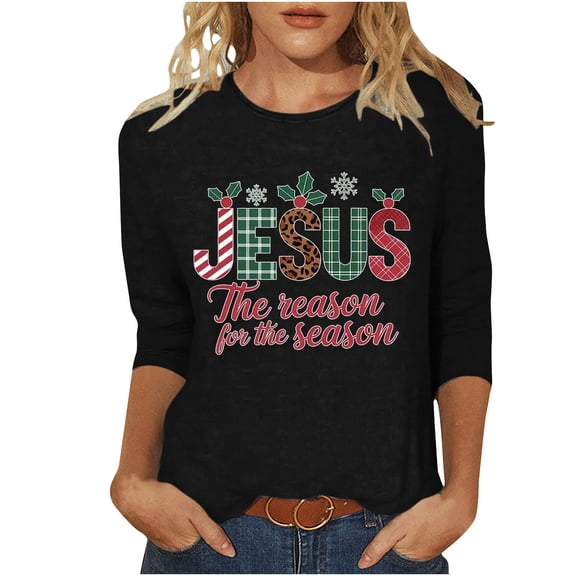 Women's Christmas Printed Tshirts Tops Cute Trendy 3/4 Length Sleeve Round Neck Shirts Loose Fit Pullover Blouses