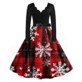 thumbnail image 1 of Women's Christmas Printed V-Neck Large Hem Audrey Dress Long Sleeve Dress with Christmas Tree Pattern, Flare Skirt, Retro Style for Party, Casual, Holiday Events,Vermilion,2XL, 1 of 3