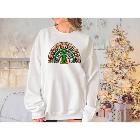 Women's Christmas Rainbow Sweatshirt, Leopard Print Christmas Sweatshirt
