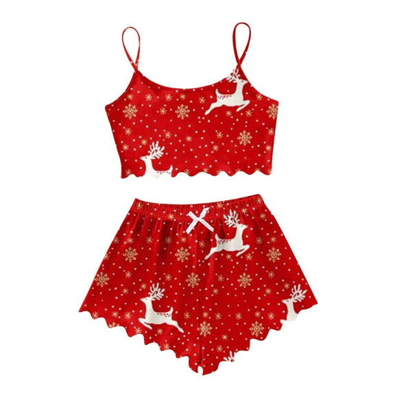 Women's Christmas Reindeer Print Sleepwear Set Sleeveless Top & Shorts 2 Piece Loungewear Pajamas Cozy Holiday Nightwear