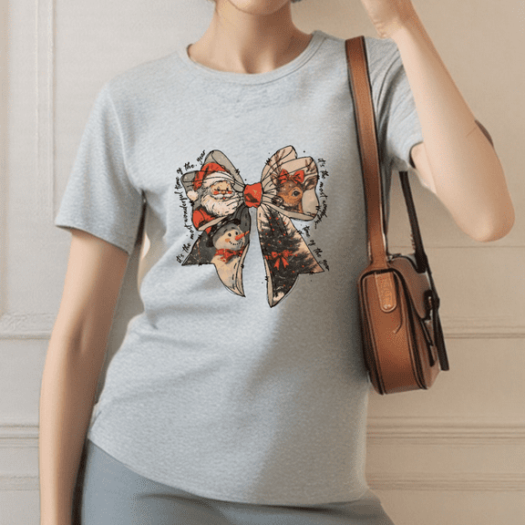 Women's Christmas Retro Bow Santa Deer Graphic Crew Neck Printed Cotton T-Shirt Gray S-3XL