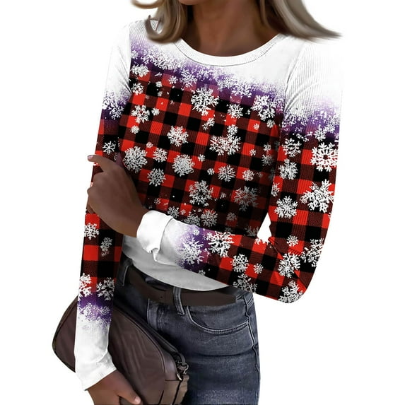 Women's Christmas Ribbed Knit Long Sleeve Shirts Cute Christmas Print Stretch V Neck Cute Jumper Tee Tops
