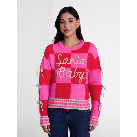 Holiday Time Women's Santa Baby Checkered Appliqué Sweater, Brilliant Red