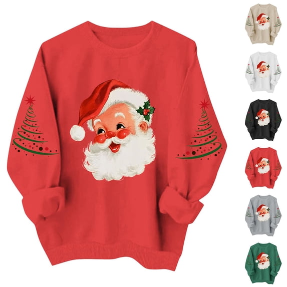 Women's Christmas Santa Print Sweatshirt, X-mas Party Holiday Crewneck Long Sleeve Fleece Lined Relaxed Tops, S-XXL
