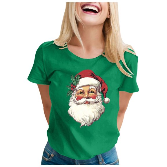 Women's Christmas Santa Print T Shirt Holiday Festive Round Neck Short Sleeve Casual Comfortable Tee for Seasonal Cheer