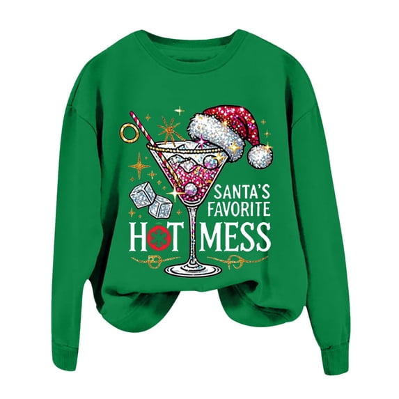Women's Christmas Santa's Favorite Printed Crew Neck Sweatshirt Knit Long Sleeve Ladies Sweatshirts Hoodie Workout Women Graphic Workout Tops Women Distressed Pullover Extra Long Sweatshirt
