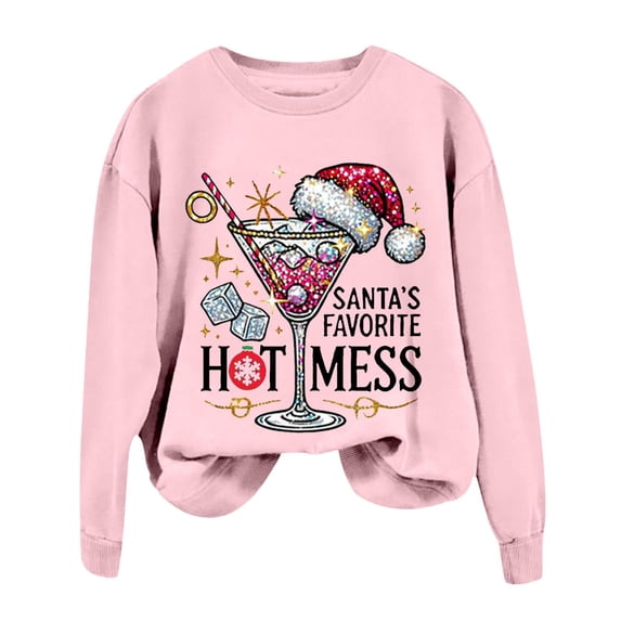 Women's Christmas Santa's Favorite Printed Crew Neck Sweatshirt Knit Long Sleeve Ladies Sweatshirts Hoodie Workout Women Graphic Workout Tops Women Distressed Pullover Extra Long Sweatshirt
