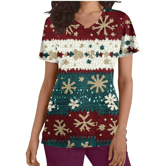 Women's Christmas Scrub Medical Working Uniform Tops for Women Cute Xmas Printed Scrub Shirts with Pockets, XL