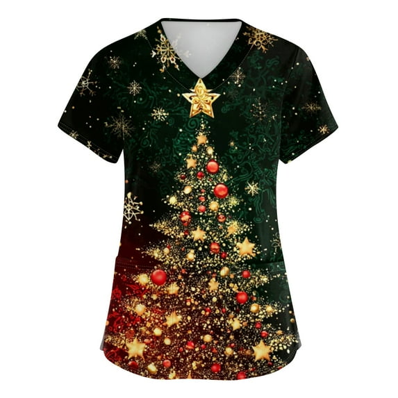 Women's Christmas Scrub Tops Snowman V-Neck Short Sleeve Working Nursing Uniform Snowflake Christmas Tree Print Funny Scrub Shirts Stretch Fall Cotton Nurse T-Shirts Fluorescent Green 4XL