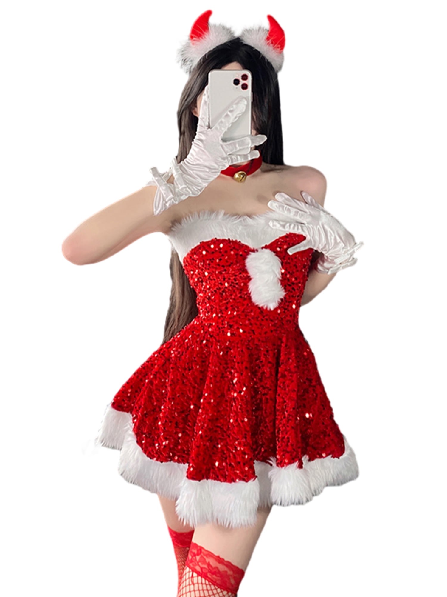 Women's Christmas Sexy Mrs Santa Claus Cosplay Costume Velvet Lingerie  Dress Xmas Holiday Outfit 