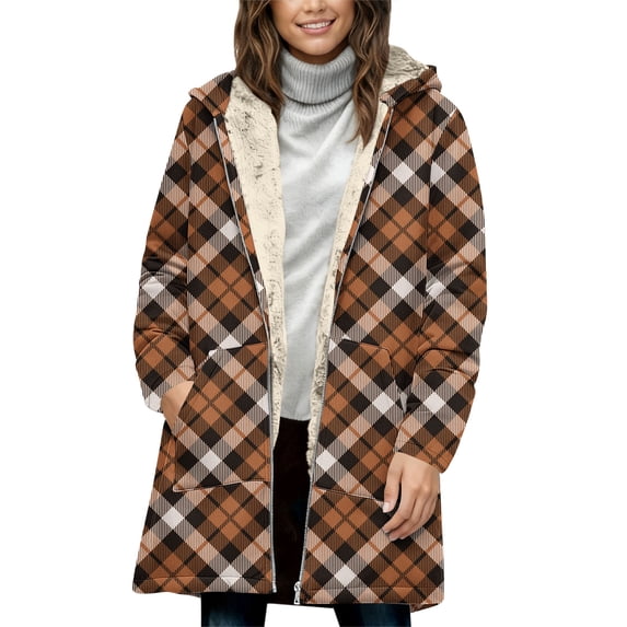 Women's Christmas Sherpa Lined Plaid Shacket - Oversized Hooded Full-Zip Winter Coat, Warm Faux Shearling Festive Outerwear