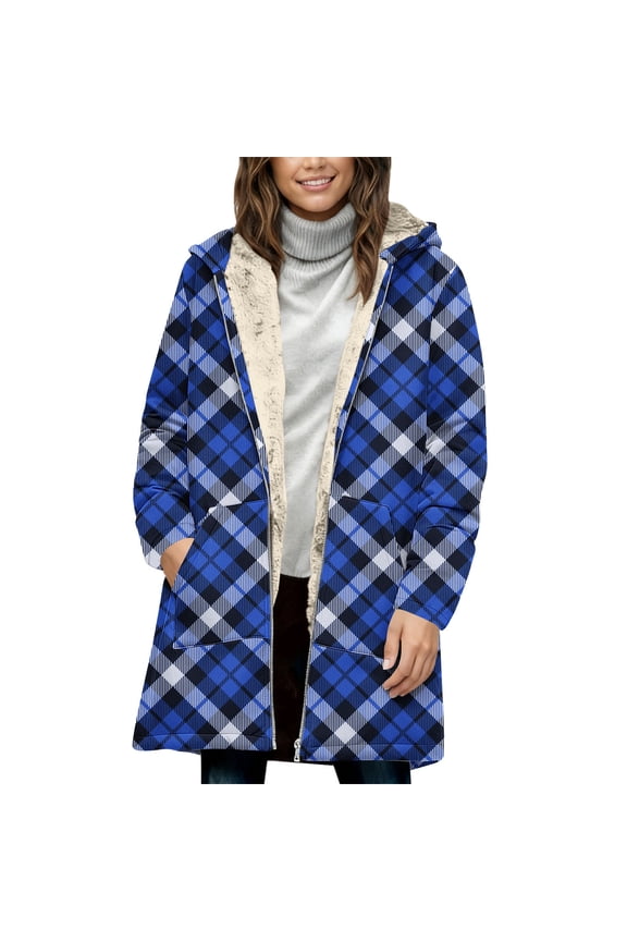 Women's Christmas Sherpa Lined Plaid Shacket - Oversized Hooded Full-Zip Winter Coat, Warm Faux Shearling Festive Outerwear