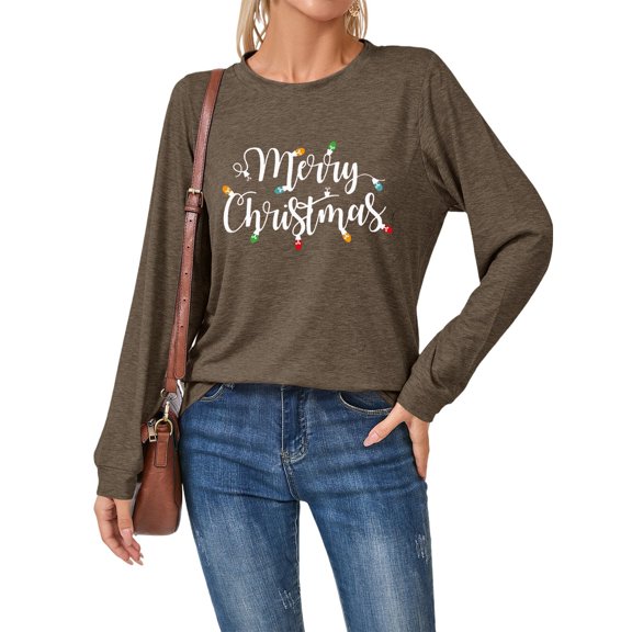 Women's Christmas Shirt Christmas Letter Print T Shirt Christmas Tree Graphic Round Neck Long Sleeve Top Handstand Shirt Long Sleeve Fall Tees for Women Long Sleeve Fitted Shirt Women Women Undershirt