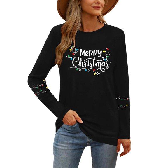Women's Christmas Shirt Long Sleeve Tree Letter Print Crewneck Pullover Top Black-18 S
