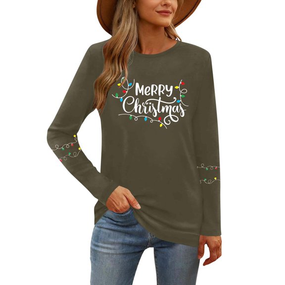 Women's Christmas Shirt Long Sleeve Tree Letter Print Crewneck Pullover Top Olive Green-18 S