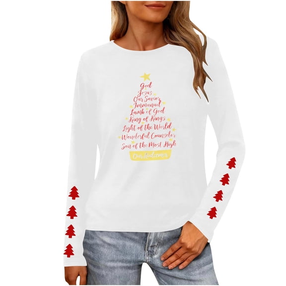 Women's Christmas Shirt Long Sleeve Tree Letter Print Crewneck Pullover Top White-7 S