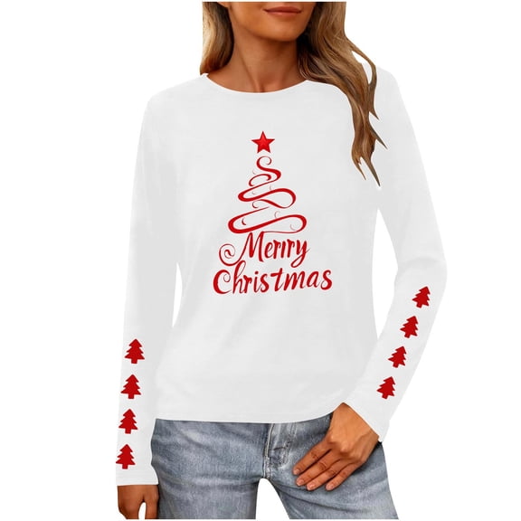 Women's Christmas Shirt Long Sleeve Tree Letter Print Crewneck Pullover Top White-9 S