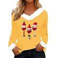 thumbnail image 1 of Women's Christmas Shirt long Sleeve V Neck Plush Hem Printed Pullover Tops Yellow L, 1 of 4