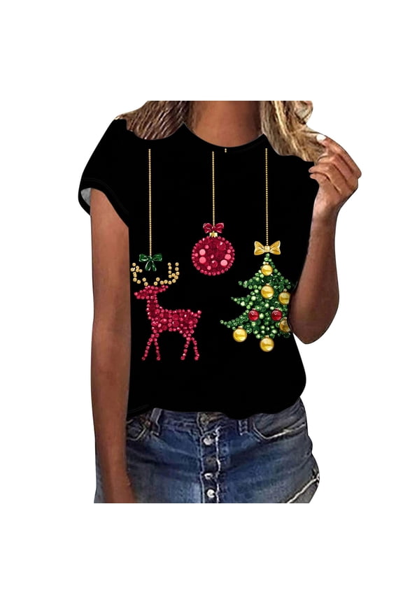 Women's Christmas Shirts Funny Christmas Tree Print Tee Shirts Crew Neck Top Short Sleeve Pullover Sweater Blouses Side Split Christmas Tops Christmas Gifts