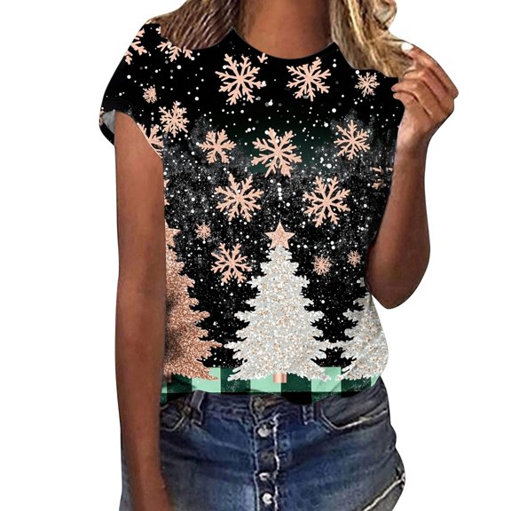 Women's Christmas Shirts Funny Christmas Tree Print Tee Shirts Crew Neck Top Short Sleeve Pullover Sweater Blouses Side Split Christmas Tops
