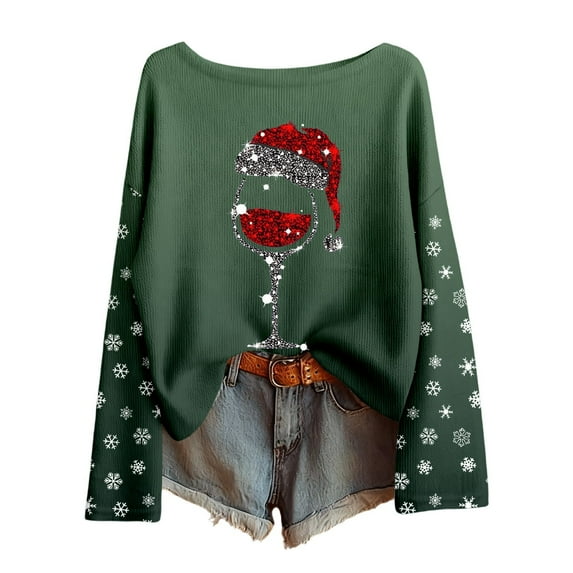 Women's Christmas Shirts Xmas Wide Glass Snowflake Graphic Scoop Neck Knit Sweater Tops Long Sleeve Casual Loose Fit Tops Z004-Dark Green XL