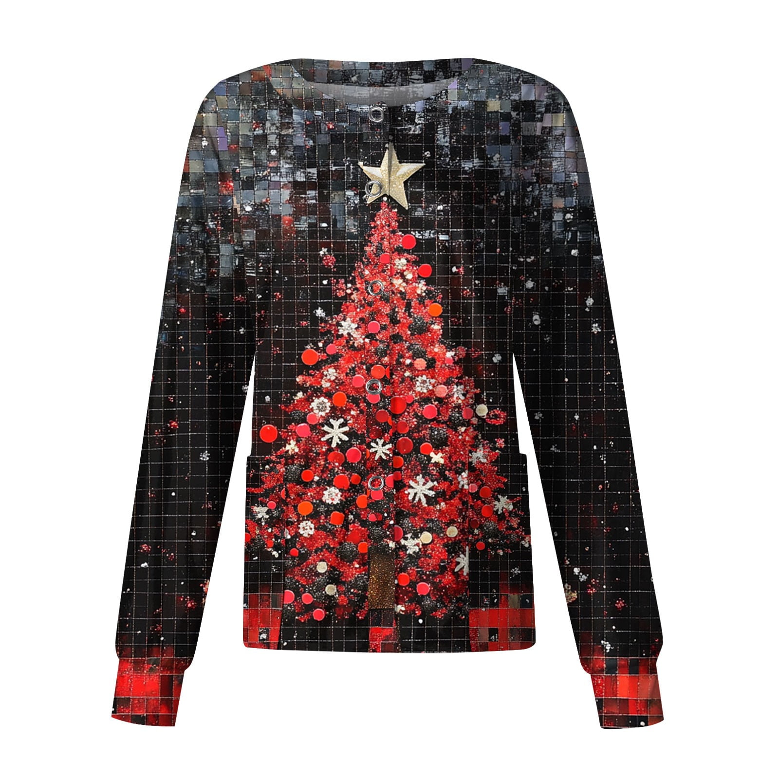 Women's Christmas Snaps Front WarmUp Jacket Christmas Tree Graphic