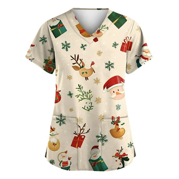 Women's Christmas Snowflake Print V-Neck Scrub Top with Pockets Festive Holiday Medical Uniform Shirt