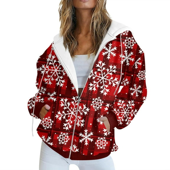 Women's Christmas Snowflake Print Zip-Up Hoodie Festive Holiday Winter Warm Fleece Jacket with Pockets