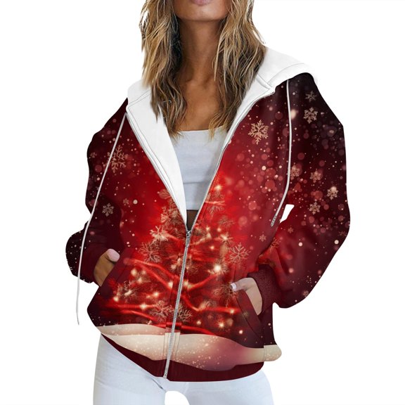 Women's Christmas Snowflake Print Zip-Up Hoodie Festive Holiday Winter Warm Fleece Jacket with Pockets