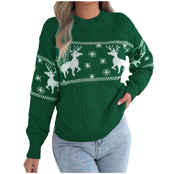 Women's Christmas Snowflake Reindeer Knitted Sweater Long Sleeve Crew Neck Xmas Print Pullover Sweater Top