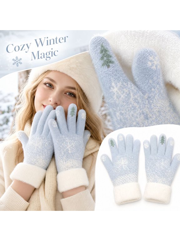 Women’s Christmas Snowflake Tree Pattern Knit Gloves Touch Screen Thermal Warm Fuzzy Lined Stretchy Winter Gloves for Cold Weather Daily Wear,One Size,Light Blue