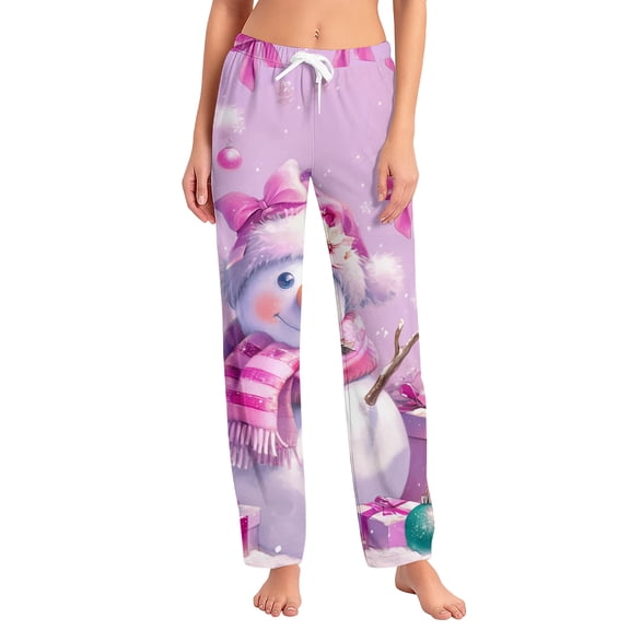 Women's Christmas Snowman Print Pajama Pants - Comfy Loose Drawstring Elastic Waist Home Sleepwear Trousers, Pink Size S