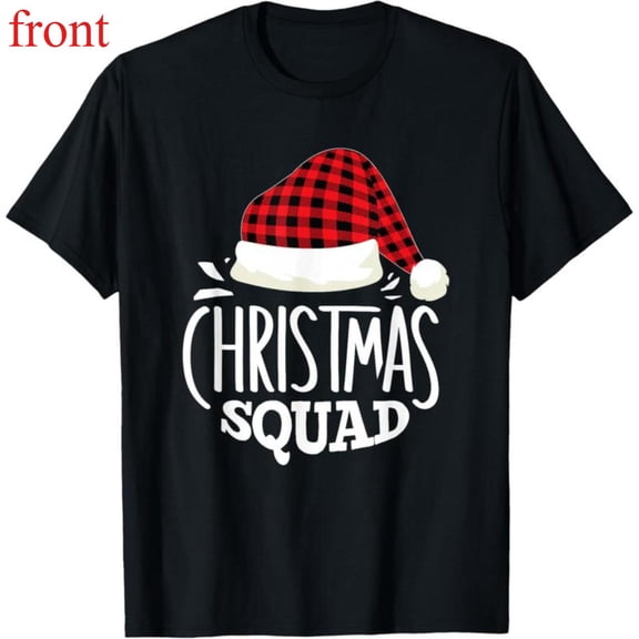 Women's "Christmas Squad" Plaid Santa Hat Graphic Breathable T Shirt Casual Short Sleeve Round Neck Top Black S-5XL