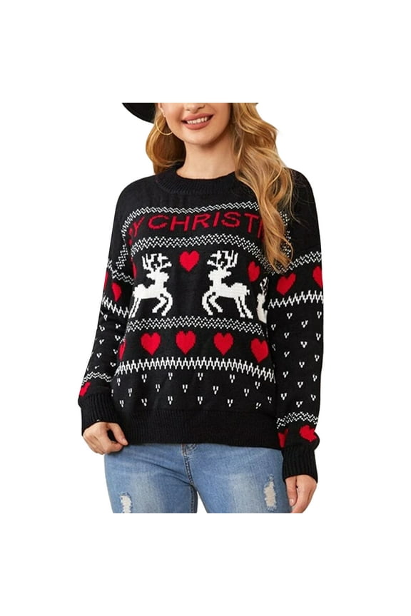 Women's Christmas Sweater Christmas Reindeer Letter Patterns Crew Neck Pullovers Fall Knitted Tops