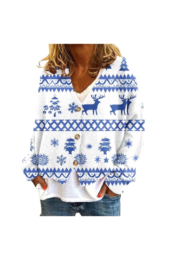 Women's Christmas Sweater Fashion Xmas Tree Printed Coat Cardigan Casual Long Sleeve Button Christmas Shirt