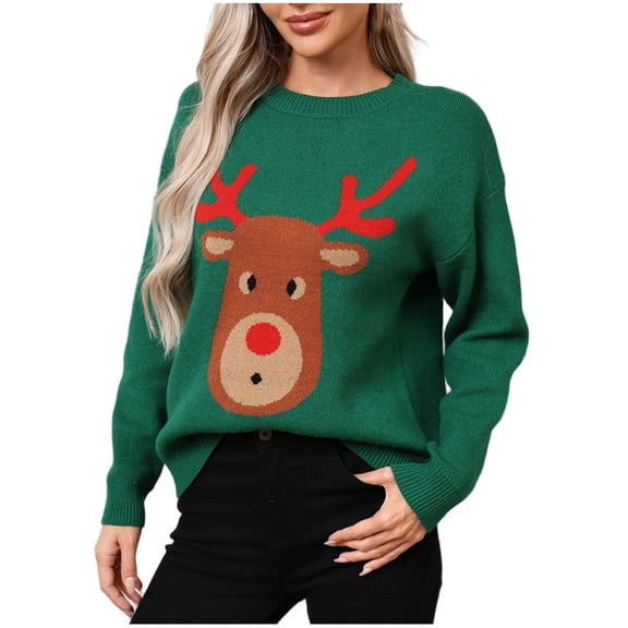 Women's Christmas Sweater Holiday Soft Warm Crewneck Chunky Pullover Tops Green S
