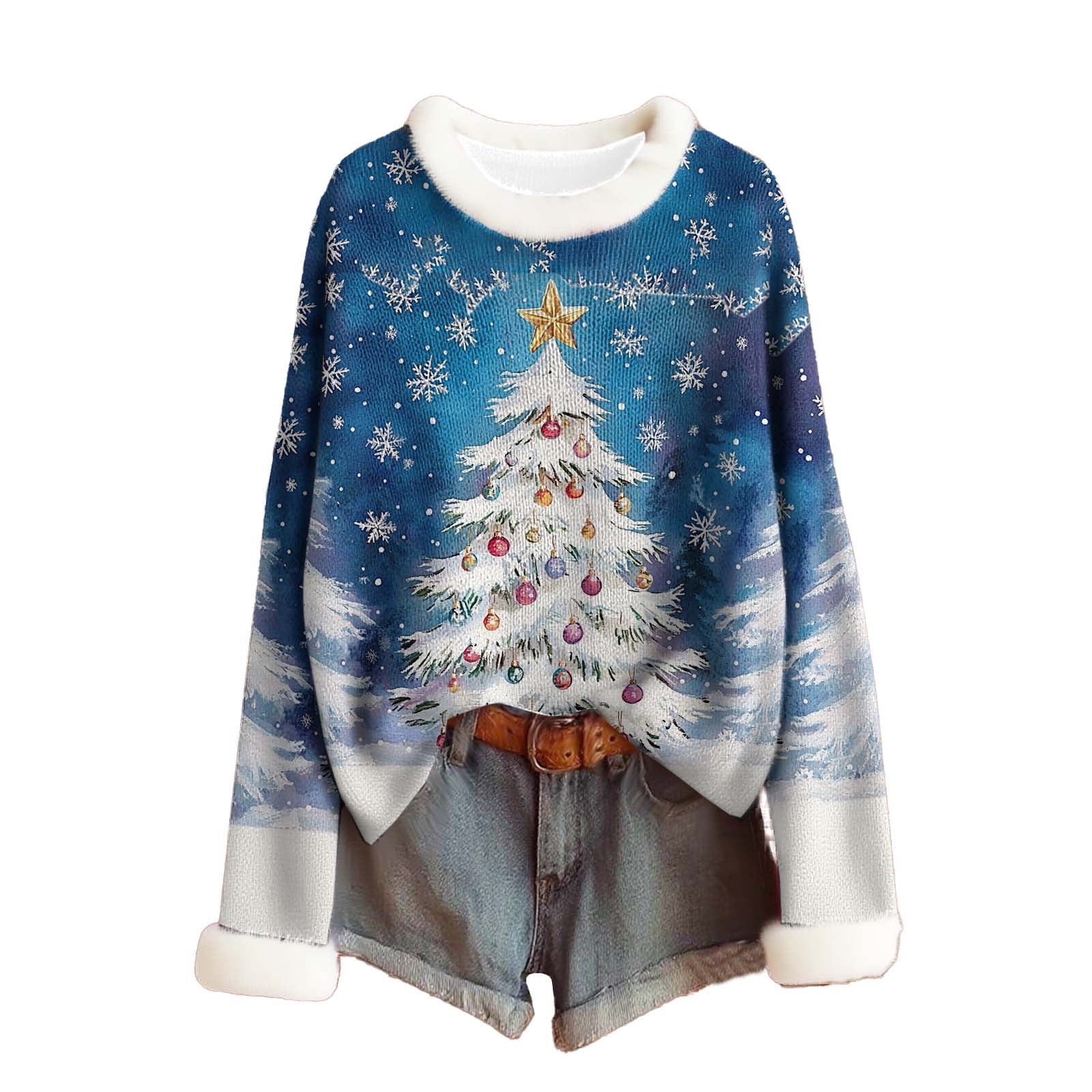 Romose Women's Cute Cat Print Sweatshirt - Long Sleeve Pullover, Casual Winter Top (Blue, XL)