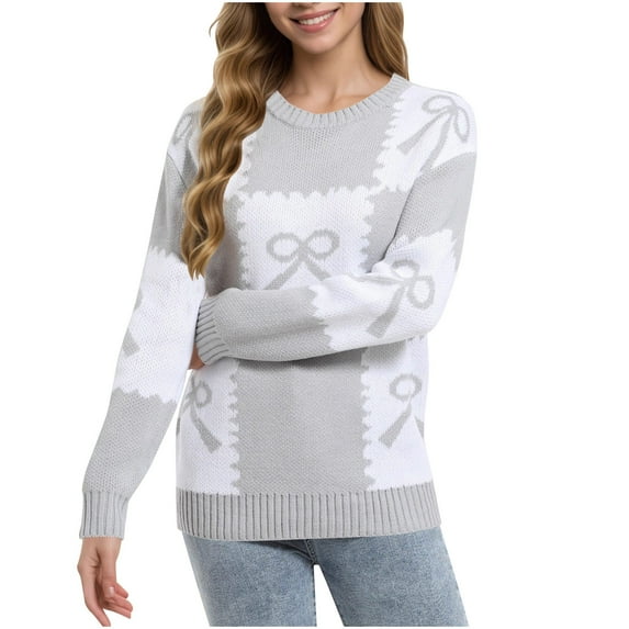 Women's Christmas Sweater Knitted Long Sleeve Round Neck Xmas Checkered Bow Pattern Pullover Sweaters Top (M, Gray)