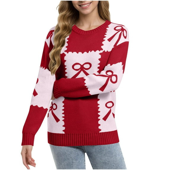 Women's Christmas Sweater Knitted Long Sleeve Round Neck Xmas Checkered Bow Pattern Pullover Sweaters Top (XL, Red)