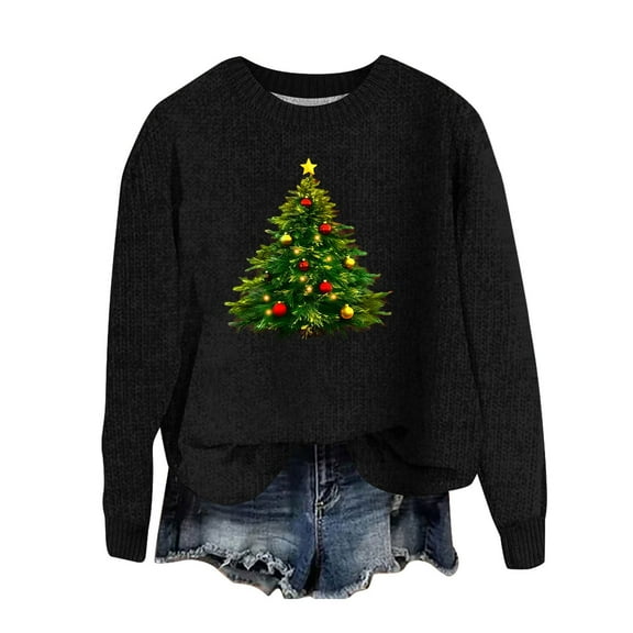 Women's Christmas Sweater - Knitted Sweaters for Women, Women's Xmas Sweaters Christmas Tree Printed Sweater Crew Neck Long Sleeve Sweaters Pullover Tops