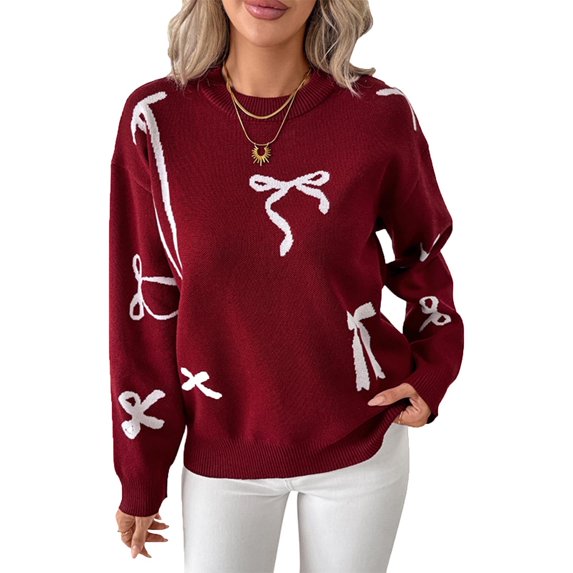 Women's Christmas Sweater Long Sleeve Crewneck Printed Cable Knit Pullover Tops Wine S